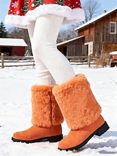 cheap Snow &amp; Winter Boots-Women's Burgundy Faux Fur Mid-Calf Winter Boots – Warm Santa-Style Snow Boots for Christmas, Holiday Outfits and Outdoor Wear