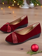 economico Ballerine da donna-ballerine con zeppa bordeaux da donna con fiocco: stile casual per le feste, comode ed eleganti per le feste di Natale e gli eventi festivi