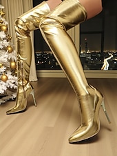 economico Stivali alla moda-stivali alti fino alla coscia in argento da donna - stivali con tacco alto sopra il ginocchio in metallo lucido, calzature sexy da festa e da discoteca per la sera &amp;eventi festivi