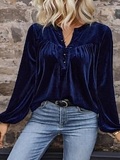 billiga Enkla blusar-Dam Sammet Elegant Blus Knappar Ensfärgat Slät Elegant Stylish Ledigt Långärmad V-hals Vanliga toppar Dagligen Helgdag Utekväll Blå Brun Vår Höst