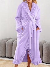 cheap Women's Onesies-Women's Pajamas Robe Flannel Warm Fashion Pure Color Ruffle Pocket Home Daily Bed Long Sleeve Crew Neck Black White Pink Red Purple Fall Winter Regular Fit