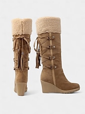 preiswerte Schnee- und Winterstiefel-Damenstiefel mit Keilabsatz aus braunem Wildleder und Kunstfellbündchen – stylisches Schnürdesign mit Quasten, warme und bequeme Winterstiefel für Freizeit und Outdoor