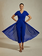 Damen-Jumpsuit, königsblau, V-Ausschnitt, getäfeltes Design, zweiteilig, fließend, transparenter Look, Stretchstoff, lässig, Frühling, Sommer, Herbst preiswerte Jumpsuits-Damen-Jumpsuit, königsblau, V-Ausschnitt, getäfeltes Design, zweiteilig, fließend, transparenter Look, Stretchstoff, lässig, Frühling, Sommer, Herbst