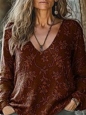 preiswerte Boho Tops-Damen Boho-Hemd Bluse Gerafft Blumen Grafik Elegant Vintage Stilvoll Langarm V Ausschnitt Normale Oberteile Täglich Ferien Ausgehen Blau Wein Armeegrün Rote Violett Frühling Herbst