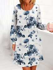 abordables Vestidos de fiesta-Mujer Vestido hasta la Rodilla Vestido de cambio Vestido informal Vestido de raso Vestido en Capas Elegante Bohemia Vacaciones Fiesta Boda Nochevieja Ajuste regular Floral Manga Larga Cuello Barco