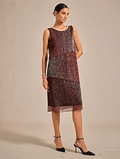  Dámské Maxi šaty Úpletové šaty Elegantní Večerní oslava Svatební host Koktejlový večírek Jiskřivý Vícevrstvé Kov Volný Pevná barva Bez rukávů Tričkový Vínově rudá