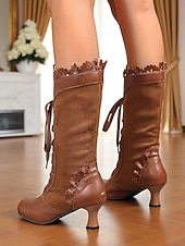 cheap 1920s-Women&#039;s Black Victorian Edwardian Style Knee High Lace-Up Boots with Scalloped Trim and Kitten Heel - 1920s Retro Gothic Dress Boots for Ladies, Perfect for Cosplay, Steampunk &amp; Historical Reenactment