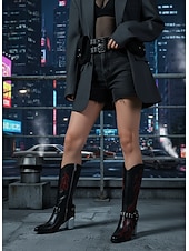 economico Stivali da cowboy e occidentali-Stivali da cowboy western da donna con ricami a fiamma - stivali gotici neri e marroni con tacco grosso a metà polpaccio per Halloween, festival musicali e abiti da rodeo