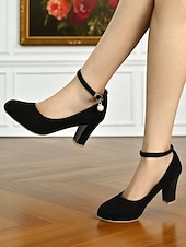 billiga 50-tals retro-Gula dampumps i mocka med blockklack, ankelrem och pärlberlock - eleganta vintage-retro klänningsskor från 1950-talet för bröllop och cocktailpartyn &amp;aftonkläder