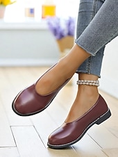cheap Women&#039;s Flats-Women&#039;s Burgundy Faux Leather Round Toe Flats with Low Heel, Comfortable Casual Dress Shoes for Work, Office &amp; Everyday Wear