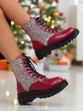 Botas de combate con purpurina roja para mujer: botines con cordones brillantes para mujer, ideales para Navidad, fiestas de invierno y salidas festivas. abordables Zapatos de Navidad para Mujeres-Botas de combate con purpurina roja para mujer: botines con cordones brillantes para mujer, ideales para Navidad, fiestas de invierno y salidas festivas.