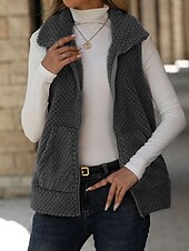 cheap Vest-Women's Winter Coat Fleece Vest Vest Warm Comfortable Patchwork Zipper Pocket Fashion Casual Solid Color Vacation Street Casual Daily Wear Regular Turndown Regular Fit Sleeveless Outerwear Khaki Dark