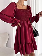 Damen Minikleid Schößchen Kleider Gerafftes Kleid Modern Outdoor Ferien Ausgehen Normale Passform Einfach Langarm Quadrathals Schwarz Wein Armeegrün Leicht Braun Frühling Herbst preiswerte abendkleider-Damen Minikleid Schößchen Kleider Gerafftes Kleid Modern Outdoor Ferien Ausgehen Normale Passform Einfach Langarm Quadrathals Schwarz Wein Armeegrün Leicht Braun Frühling Herbst