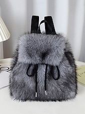 abordables Sacs à Dos de Mode-Sac à dos en fausse fourrure pour femme, sac à dos élégant avec cordon de serrage pour une tenue décontractée, matière en peluche douce, parfait pour un usage quotidien et les tenues d'hiver
