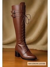 お買い得  ファッションブーツ-女性用本革ニーハイブーツ、高級牛革素材、レースアップとバックルのディテール、ブロックヒール、女性用都会的なカジュアルファッションフットウェア