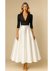 economico Abiti da smoking-Abiti da cocktail A-Line in nero e bianco Abito formale elegante Abito da matrimonio formale lunghezza tea midi lunghezza manica 3/4 colletto a punta Top in crepe elasticizzato gonna in satin con