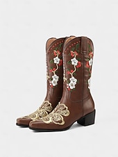 abordables Botas de moda-Botas vaqueras bordadas de piel sintética roja para mujer con diseño floral, tacón de bloque, estilo retro western, perfectas para festivales, salidas informales y Navidad.