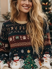 voordelige Kersttruien-Kerst Vrouwen Sweater Mode Casual Grafisch Crew Neck Gebreid Lange Mouwen Regular Tops Brei Werk Khaki Herfst Winter