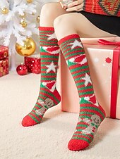 tanie Akcesoria świąteczne-Damskie, świąteczne, puszyste, sięgające do kolan skarpetki, ciepłe i przytulne, zimowe, domowe pończochy z odświętnym, czerwono-zielonym wzorem w gwiazdki, idealne na świąteczny relaks &amp;prezenty