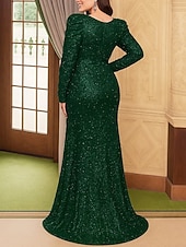 A-Linie Brautmutterkleid Elegant Vintage Übergröße V Ausschnitt Bodenlang Paillettenbesetzt Langarm mit Paillette preiswerte Bodenlänge-A-Linie Brautmutterkleid Elegant Vintage Übergröße V Ausschnitt Bodenlang Paillettenbesetzt Langarm mit Paillette