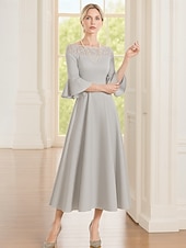 billige Ankellengde-A-linje Ankellengde Festkjole Cocktail Kjole 3/4 ermer Crew-hals Elegant Formell Blonder Polyester Kjole til brudens mor med Blonder