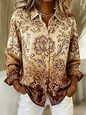 preiswerte Blumenblusen-Damenhemd Leinenähnlich Atmungsaktiv Leicht Florales Grafik Paisley Elegant Stilvoll Modern Lange Ärmeln Hemd Kragen Reguläre Tops Arbeit Druck Gelb Khaki Beige Frühling Herbst Winter