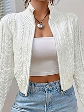 cheap Sweater Jackets-Women's Sweater Cardigan Elegant Fashion Cute Solid Color Stand Collar Zipper Knitted Print Long Sleeve Regular Tops Knit Outdoor Daily Holiday Wine Red Black Fall Winter