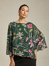 billiga skjortor, toppar och blusar-damblus transparent chiffong grön blommig tryck halvärmad rund hals lager-på-lager pullover casual elegant vår sommar höst