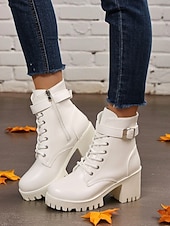 Χαμηλού Κόστους Μπότες μάχης-Γυναικείες λευκές μπότες με χοντρό τακούνι και δετά κορδόνια, κομψές μπότες μάχης με ψηλοτάκουνο και ρυθμιζόμενη αγκράφα, μοντέρνα υποδήματα για casual και υπαίθριες περιστάσεις.