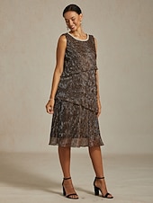 billige Kjoler til nyttårsaften-Dame Midikjole Skiftkjole Plissert kjole Grime kjole Elegant Fest Formelt Fest Bryllupsgjest Cocktailfest Normal Helfarge Ermeløs Crew-hals Brun Sommer Vår Høst Vinter