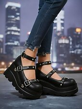 economico Stile Disco &amp; Hippie anni ’70-Scarpe Mary Jane nere con plateau da donna anni '80, fibbie e borchie a forma di cuore – stile gotico punk lolita per Halloween, cosplay e serate fuori
