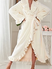 cheap Women's Onesies-Women's Pajamas Robe Flannel Warm Fashion Pure Color Ruffle Pocket Home Daily Bed Long Sleeve Crew Neck Black White Pink Red Purple Fall Winter Regular Fit