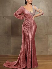 economico Abiti da ballo-Sirena Tromba Strascico da Corte Abito da Sera Abito da ballo con sopragonna Abito formale Elegante Manica Lunga Scollo Illusione Formale Con Paillettes con Pieghe Paillettes