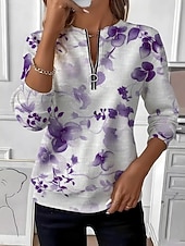 preiswerte Blumen-Hoodies-Damen Pullover Sweatshirt Reißverschluss Druck Blumen Grafik Mode Lässig Langarm Rundhals Normale Oberteile Straße Alltagskleidung Blau Purpur Herbst Winter