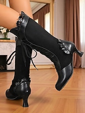 cheap 1920s-Women&#039;s Black Victorian Edwardian Style Knee High Lace-Up Boots with Scalloped Trim and Kitten Heel - 1920s Retro Gothic Dress Boots for Ladies, Perfect for Cosplay, Steampunk &amp; Historical Reenactment