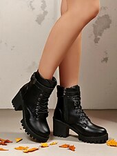 Χαμηλού Κόστους Μπότες μάχης-Γυναικείες λευκές μπότες με χοντρό τακούνι και δετά κορδόνια, κομψές μπότες μάχης με ψηλοτάκουνο και ρυθμιζόμενη αγκράφα, μοντέρνα υποδήματα για casual και υπαίθριες περιστάσεις.