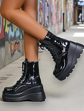 levne Platformové boty-Dámské černé lakované kotníkové boty na platformě s leopardím potiskem, robustní šněrovací boty v bojovém stylu pro streetwear &amp;večer venku