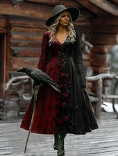 baratos Vestido de Caveira e Osso-Vestido Maxi Feminino Vestido em A Férias Casual Boho Praia Ajuste Regular Floral Gráfico Manga Longa Decote em V Preto Vermelho Escuro Vinho Vermelho Primavera Outono