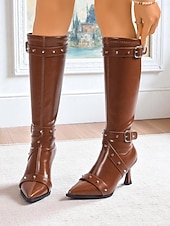 economico Stivali alla moda-stivali neri alti fino al ginocchio da donna con cinturini con fibbia borchiata e punta affilata, stivali con tacco in stile punk gotico per le uscite serali &amp;feste cosplay