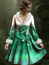 cheap Christmas Dresses-Christmas Women&#039;s Mini Dress A Line Dress Vacation Party Casual Party Daily Holiday Regular Fit Snowflake Long Sleeve V Neck Red Blue Purple Green Fall Winter