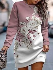 voordelige Sweater- en hoodiejurken-Dames Mini-jurk Hemdjurk Casual Feestdagen Uitgaan Weekend Normale pasvorm Bloemig Grafisch Lange mouw Strakke ronde hals Blozend Roze Paars Groen Grijs Lente Herfst Winter
