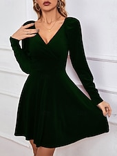 Świąteczna sukienka mini z weluru dla kobiet sukienka w kształcie litery A elegancka na przyjęcia koktajlowa na świeżym powietrzu regularne dopasowanie jednolity kolor długi rękaw dekolt w serek tanie Sukienki świąteczne-Świąteczna sukienka mini z weluru dla kobiet sukienka w kształcie litery A elegancka na przyjęcia koktajlowa na świeżym powietrzu regularne dopasowanie jednolity kolor długi rękaw dekolt w serek
