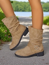 cheap Slouch Boots-Women's Khaki Faux Suede Mid-Calf Boots with Slouchy Design and Side Ring Buckle, Comfortable Low Heel Casual Riding Boots for Fall Winter Outdoor Wear