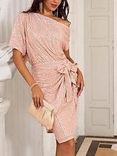 economico Abiti con paillettes-Per donna Mini Abito Tubino Elegante Festa cocktail All'aperto Feste Matrimonio Paillettes Taglia piccola Tinta unica Manica Corta Monospalla Nero Rosa Vino