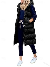 cheap Down Vests-Women&#039;s Winter Coat Down Jacket Vest Warm Comfortable Pocket Buttons Casual Plain Vacation Daily Wear Going out Weekend Long Hooded Regular Fit Sleeveless Outerwear Black Wine Khaki Fall Winter
