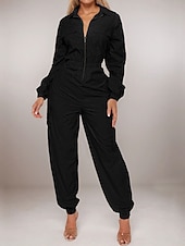 זול סרבל חופשה-בגדי ריקוד נשים סרבלים פעיל צבע אחיד שרוול ארוך מכנסי קרגו צווארון חולצה רוכסן כיס חופשה יומי רגיל שחור משמש אביב