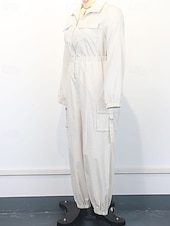 זול סרבל חופשה-בגדי ריקוד נשים סרבלים פעיל צבע אחיד שרוול ארוך מכנסי קרגו צווארון חולצה רוכסן כיס חופשה יומי רגיל שחור משמש אביב