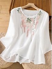 abordables Camiseta floral-Mujer Tallas pequeñas Camisa Bordado Plano Bohemia Estilo lindo Elegante Media Manga Manga Farol Escote Redondo Tops regulares Diario Noche Fin de semana Blanco Verde Claro Rosa Verano