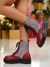 Botas de combate con purpurina roja para mujer: botines con cordones brillantes para mujer, ideales para Navidad, fiestas de invierno y salidas festivas. abordables Zapatos de Navidad para Mujeres-Botas de combate con purpurina roja para mujer: botines con cordones brillantes para mujer, ideales para Navidad, fiestas de invierno y salidas festivas.