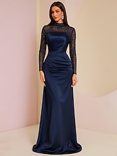 Недорогие Длина пола-А-силуэт Платье для матери невесты Элегантный стиль Винтаж Блеск и сияние Вырез под горло В пол Спандекс Италия сатин Полиэстер Длинный рукав с Пайетки